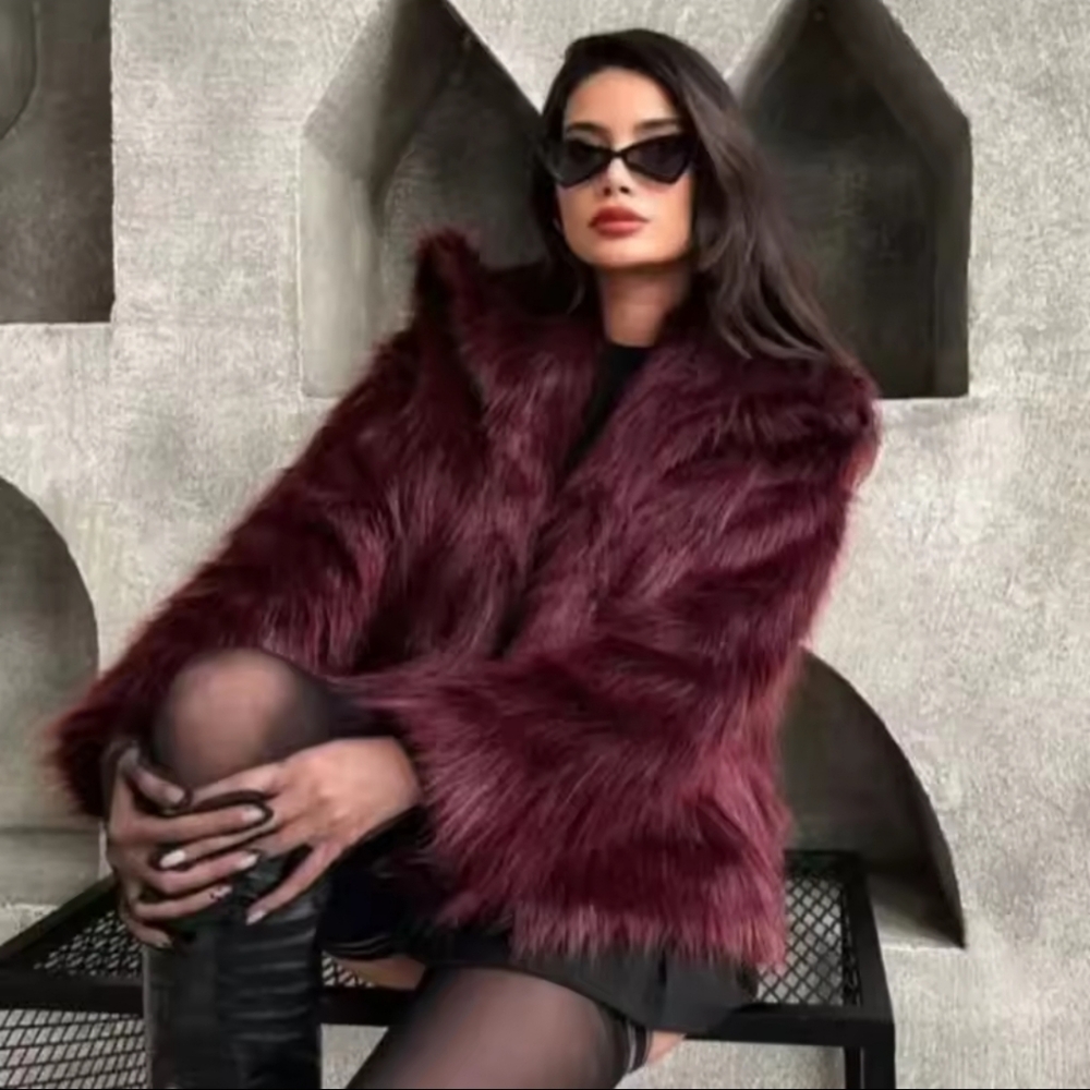 Women's Fur Coat Women Plush Burgundy Bomber Jacket Solid Crop Long Sleeve - Picture 3 of 5